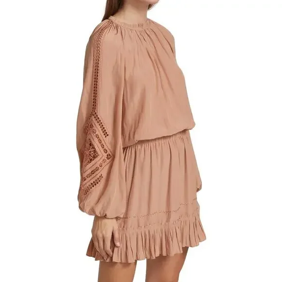 Ramy Brook Emmett Carmel Ruffle Boho Mini Dress Long Sleeve Smocked M Like New - Picture 3 of 9